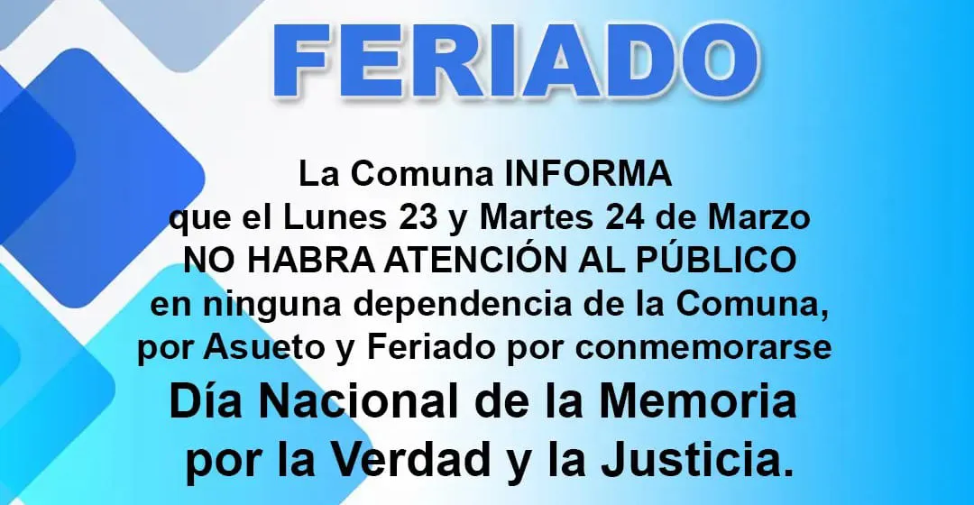Cronograma de servicios y atención al público por el asueto y feriado del 23 y 24 de marzo
