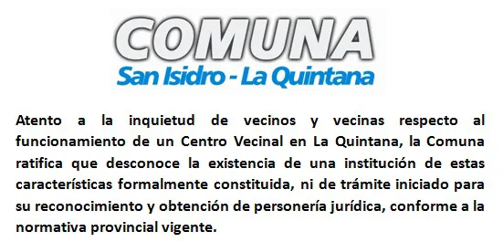 La Comuna aclara la situación legal sobre un supuesto Centro Vecinal en La Quintana