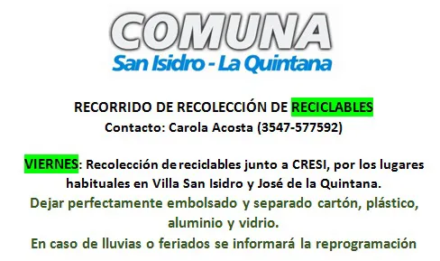 La Comuna informa el recorrido de recolección de reciclables para los dias viernes