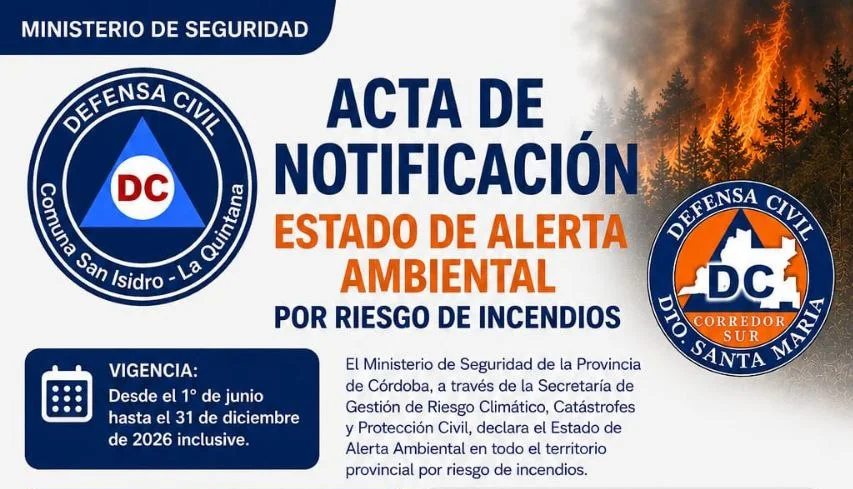 Defensa Civil: Estado de Alerta Ambiental por riesgo de incendios: notificación oficial del Ministerio de Seguridad